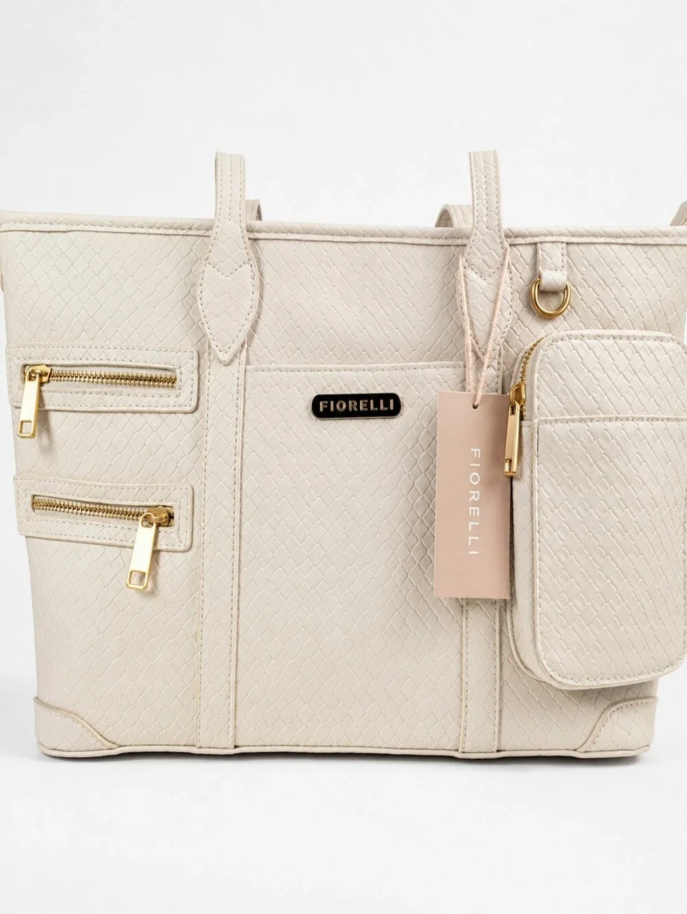 Fiorelli Beige Textured Tote Bag NWT Gold Hardware Zip Pocket
